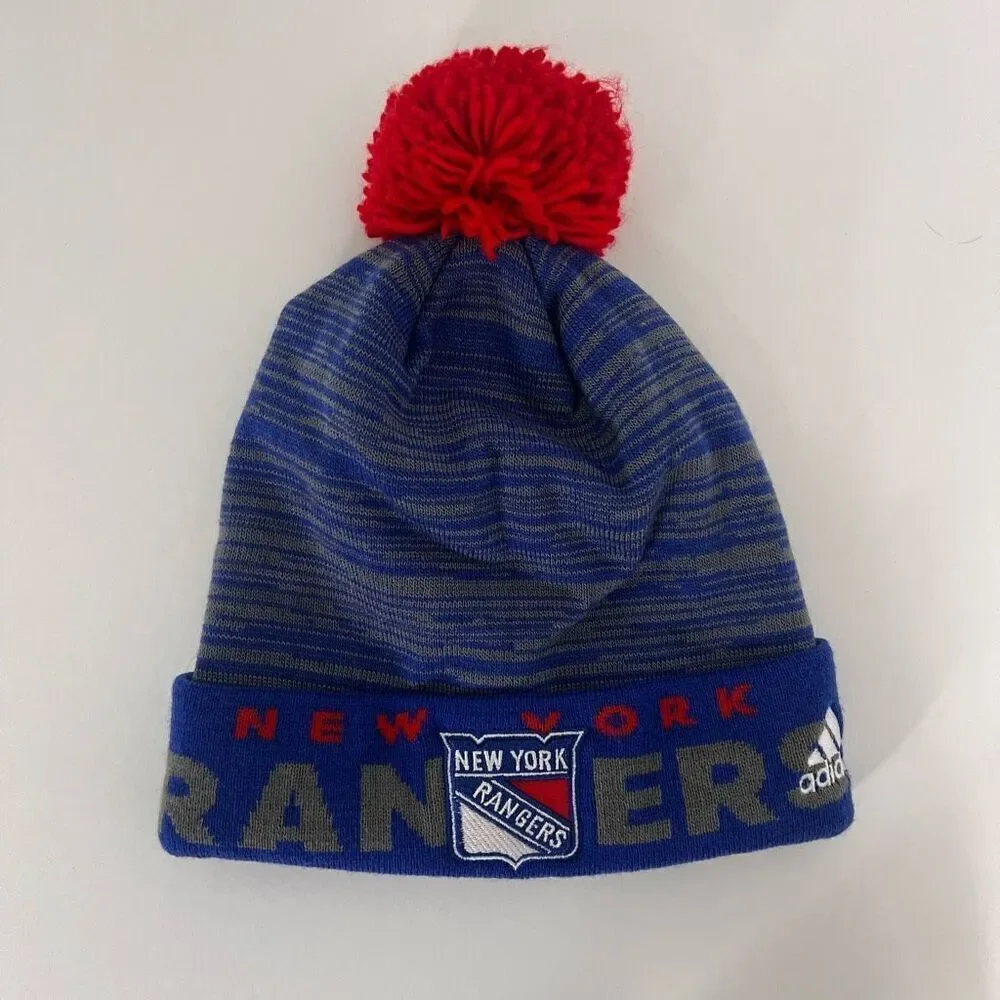 NHL New York Rangers Hockey Navy Blue with‎ Red Pom Pom Cuffed Winter Hat
